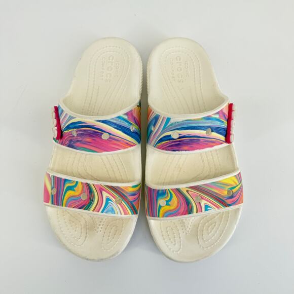 Crocs Unisex Slide Sandals Size M6 W8 White Multicolor Comfort Open Toe Poolcore - Picture 3 of 9